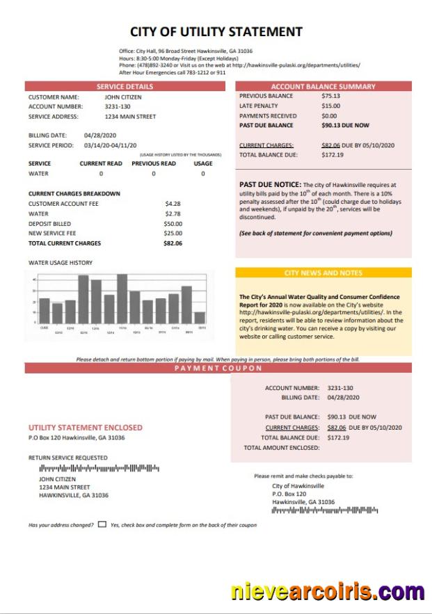 USA City of Utility Statement water utility bill